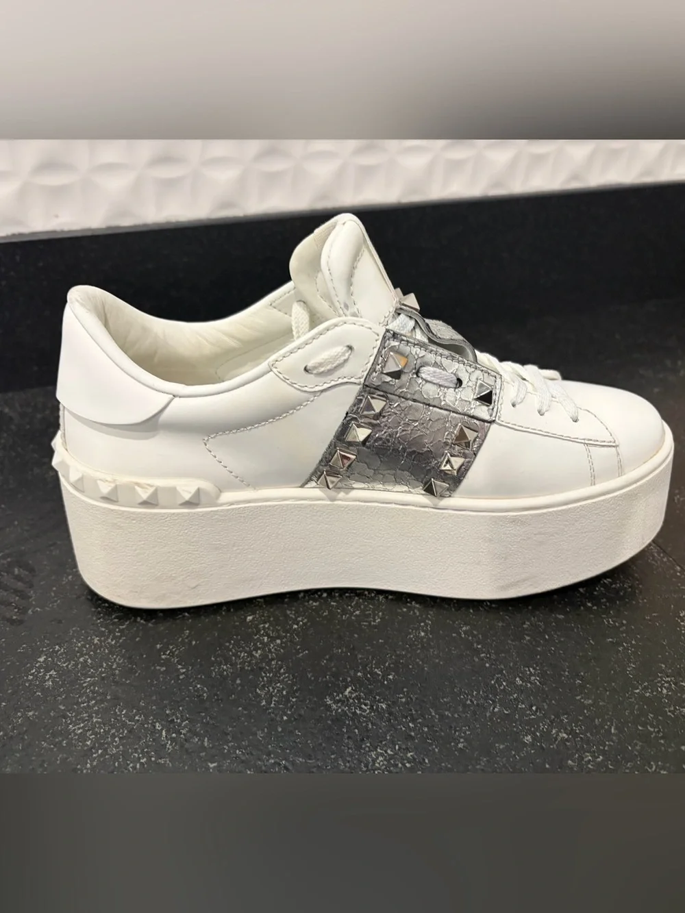 Valentino Garavani White Platform Sneakers with Silver Stud Accent